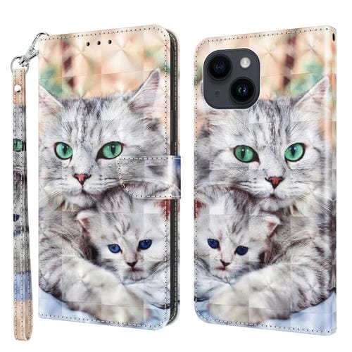 Para iPhone 15 Funda de Cuero Pintada En 3D (Dos Gatos Amorosos) - MOVILSTORE
