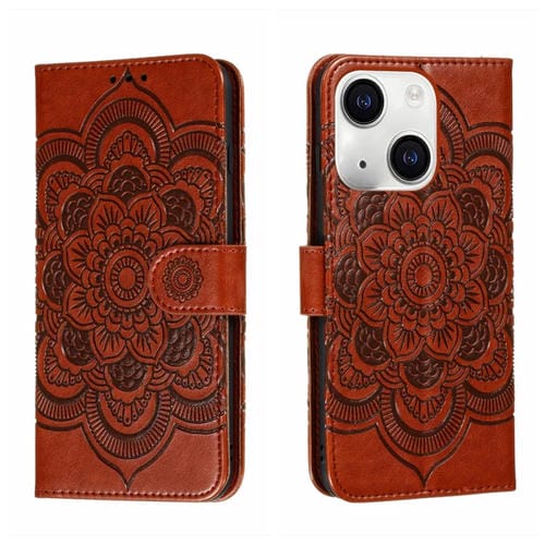Para iPhone 15 Funda de Teléfono de Cuero con Estampado Sun Mandala (Marrón) - MOVILSTORE