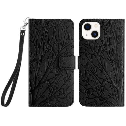 Para iPhone 15 Funda de TelĂ©fono de Cuero con PatrĂłn En Relieve de PĂĄjaros de Ărbol (Negro) - MOVILSTORE