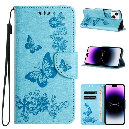 Para iPhone 15 Funda de Teléfono de Cuero con Tapa En Relieve de Mariposa (Azul) - MOVILSTORE