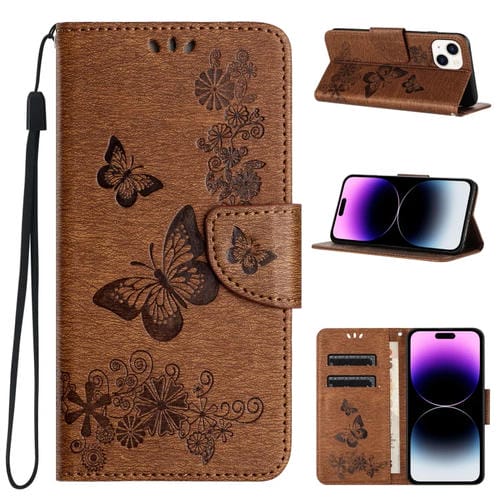 Para iPhone 15 Funda de Teléfono de Cuero con Tapa En Relieve de Mariposa (Marrón) - MOVILSTORE