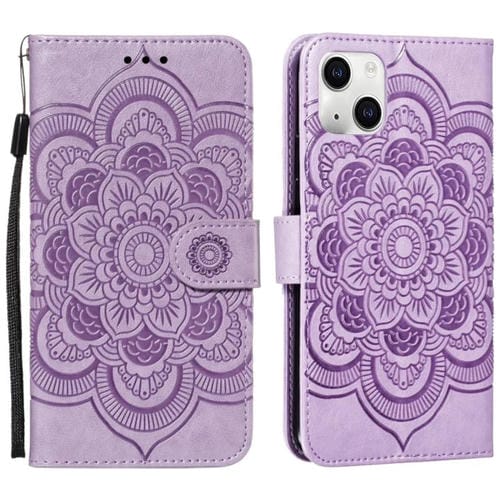 Para iPhone 15 Funda de Teléfono de Cuero con Tapa Horizontal con Patrón de Relieve de Mandala (Púrpura) - MOVILSTORE