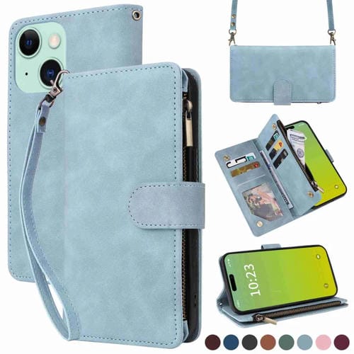 Para iPhone 15 Funda para TelĂ©fono de Cuero con Cremallera y Ranura para MĂșltiples Tarjetas Cruzadas (Azul Claro) - MOVILSTORE