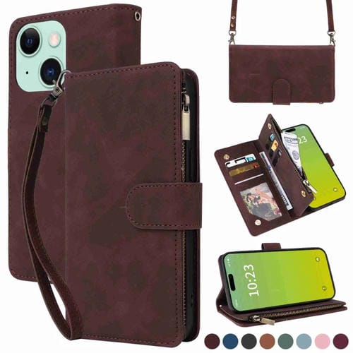 Para iPhone 15 Funda para TelĂ©fono de Cuero con Cremallera y Ranura para MĂșltiples Tarjetas Cruzadas (CafĂ©) - MOVILSTORE