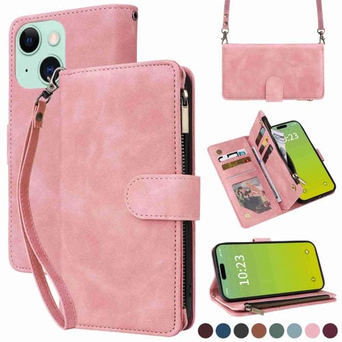 Para iPhone 15 Funda para TelĂ©fono de Cuero con Cremallera y Ranura para MĂșltiples Tarjetas Cruzadas (Rosa) - MOVILSTORE