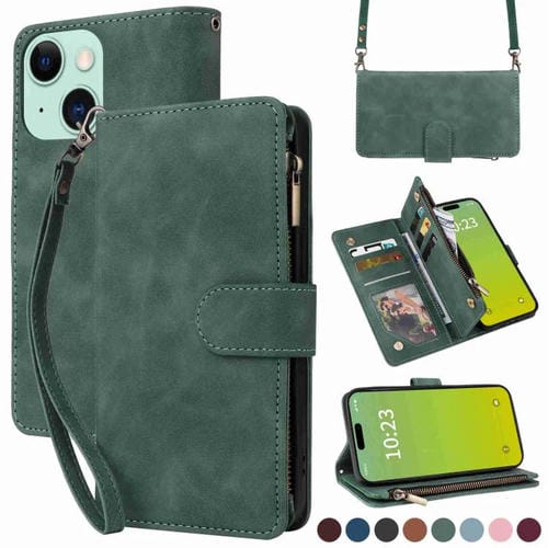 Para iPhone 15 Funda para TelĂ©fono de Cuero con Cremallera y Ranura para MĂșltiples Tarjetas Cruzadas (Verde) - MOVILSTORE
