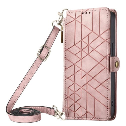 Para iPhone 15 Funda para Teléfono de Cuero con Hebilla Lateral y Billetera con Cremallera Geométrica y Cordón Cruzado (Rosa) - MOVILSTORE