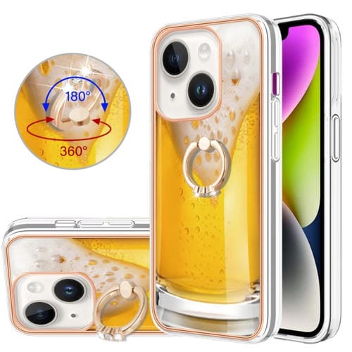 Para iPhone 15 Galvanoplastia Caja de Teléfono Imd de Doble Cara con Soporte para Anillo (Cerveza de Barril) - MOVILSTORE