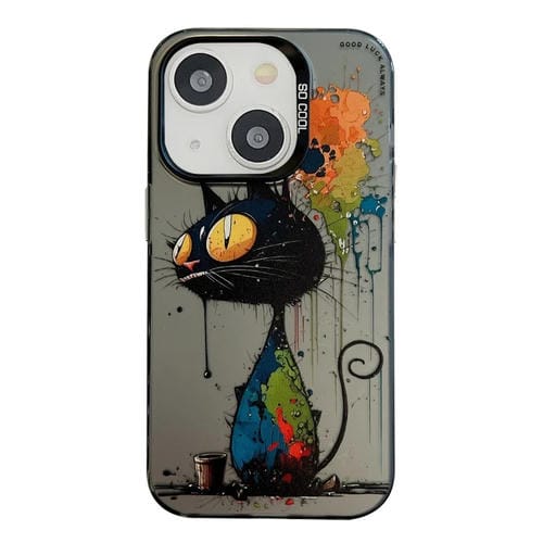 Para iPhone 15 Patrón de Animales Serie de Pintura al Óleo PC + Funda para Teléfono TPU (Gato Negro) - MOVILSTORE