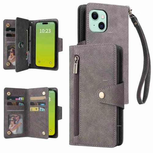 Para iPhone 15 Remache Hebilla 9 Tarjetas Funda de Cuero para Teléfono con Tres Pliegues (Gris) - MOVILSTORE