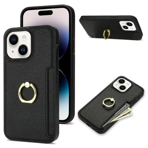 Para iPhone 15 Ring Card Litchi Funda Trasera de Cuero para Teléfono (Negro) - MOVILSTORE