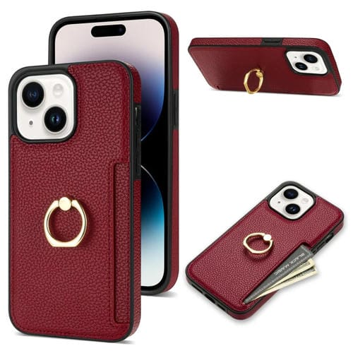 Para iPhone 15 Ring Card Litchi Funda Trasera de Cuero para Teléfono (Rojo) - MOVILSTORE
