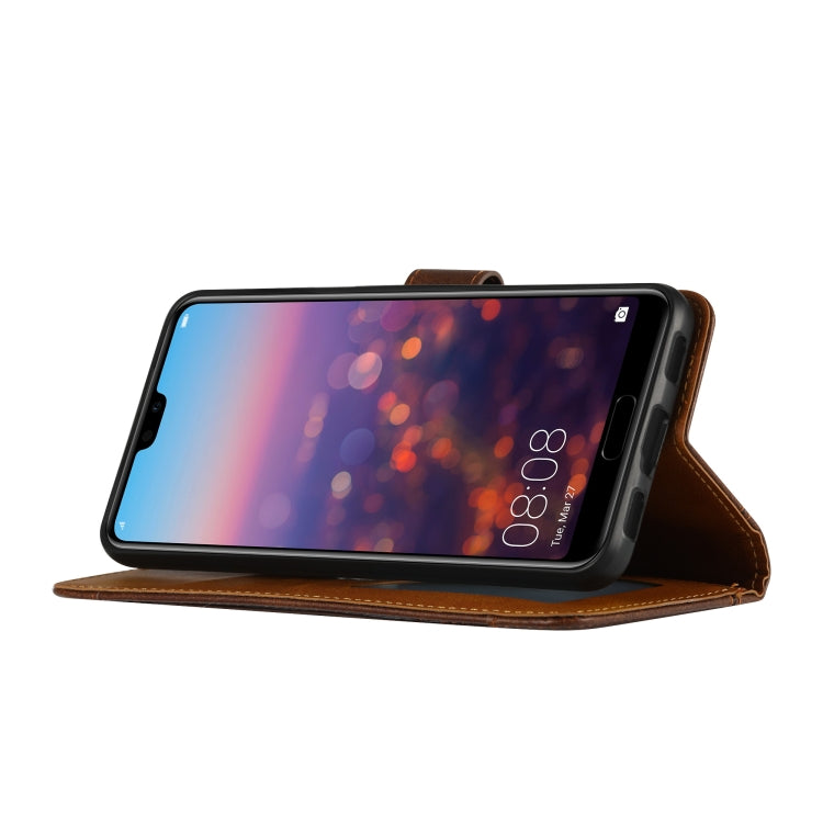 Para Huawei P20 Textura de becerro Cierre de doble pliegue horizontal Funda de cuero con tapa con marco de fotos y soporte y ranuras para tarjetas y billetera (café)