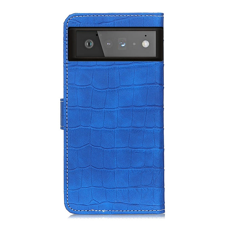 Para Google Pixel 6 caja de cuero horizontal de la textura de cocodrilo con soporte y ranuras para tarjetas y marco y billetera (azul)