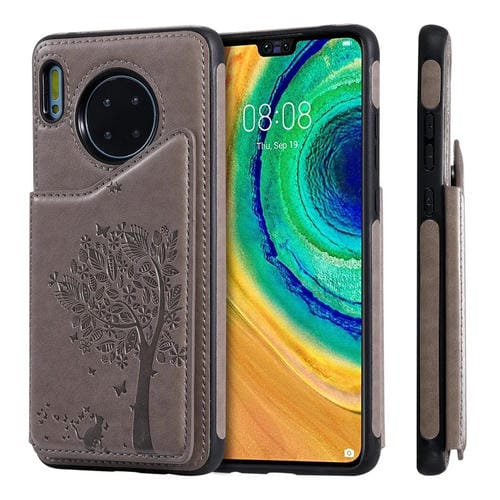 Funda protectora a prueba de golpes con patrón en relieve de árbol de gato Huawei Mate 30 con ranuras para tarjetas y marco de fotos (gris)