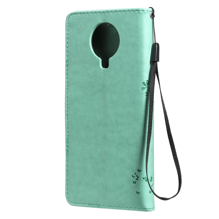 Para Nokia 6.3 Patrón de árbol y gato Impresión prensada Funda de cuero Horizontal Flip PU con soporte y ranuras para tarjetas y billetera y cordón (verde)