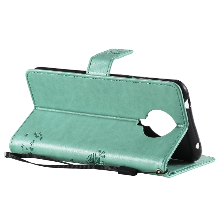 Para Nokia 6.3 Patrón de árbol y gato Impresión prensada Funda de cuero Horizontal Flip PU con soporte y ranuras para tarjetas y billetera y cordón (verde)