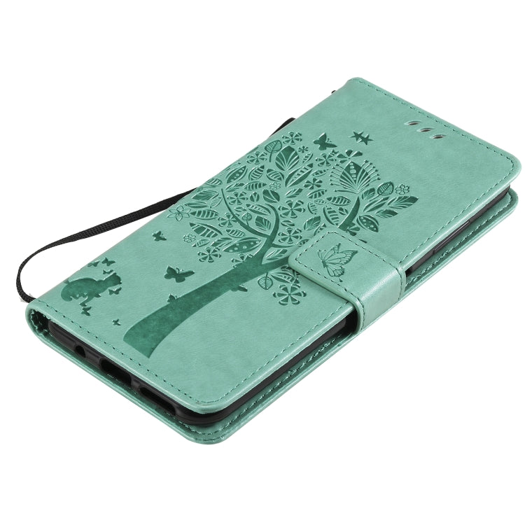 Para Nokia 6.3 Patrón de árbol y gato Impresión prensada Funda de cuero Horizontal Flip PU con soporte y ranuras para tarjetas y billetera y cordón (verde)