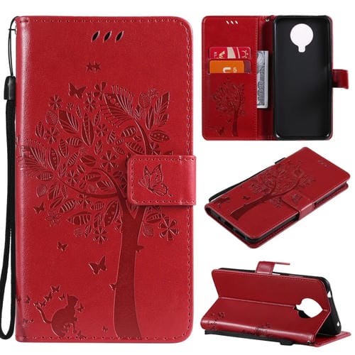 Para Nokia G10 Tree & Cat Pattern Impresión prensada Funda de cuero Horizontal Flip PU con soporte y tragamonedas de tarjetas y billetera y cordón (rojo)