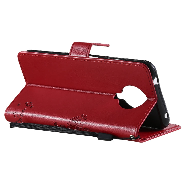 Para Nokia G10 Tree & Cat Pattern Impresión prensada Funda de cuero Horizontal Flip PU con soporte y tragamonedas de tarjetas y billetera y cordón (rojo)