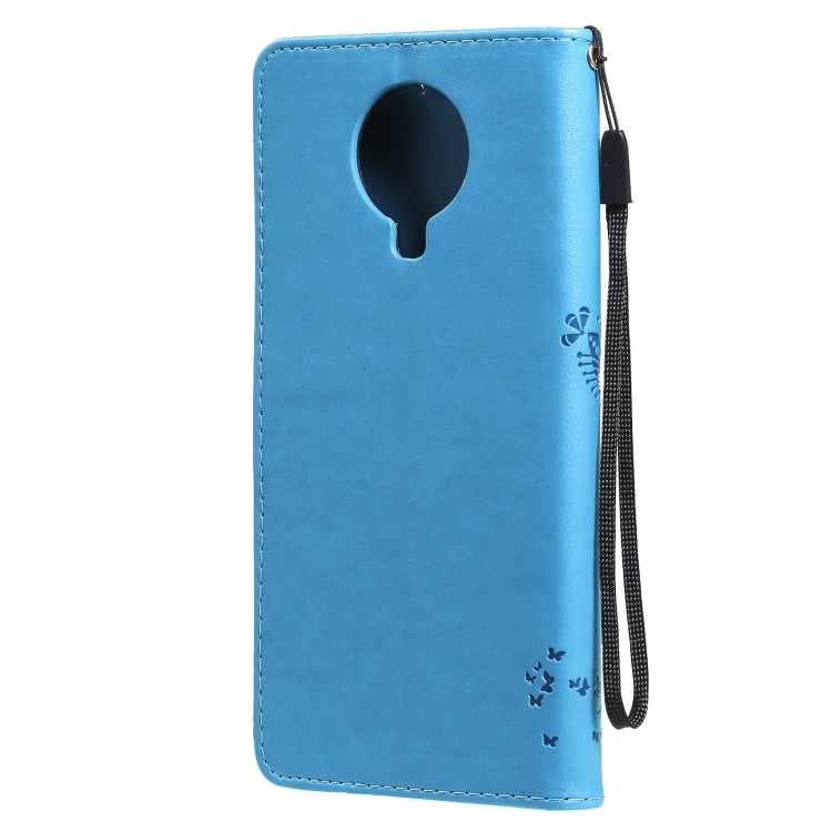 Para Nokia G10 Árbol y gato Patrón de impresión prensado Funda de cuero PU de la PU con soporte y tragamonedas y billetera y cordón (azul)