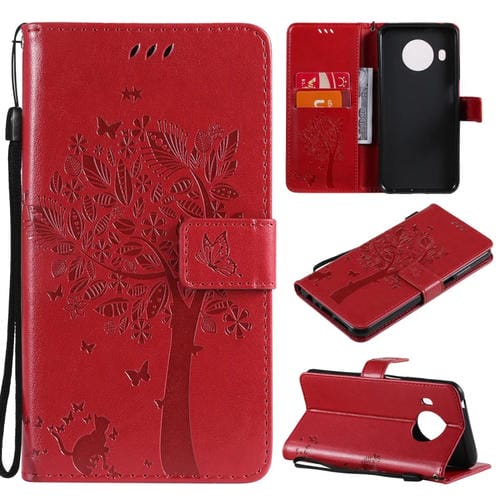 Para NOKIA X10 Árbol y gato Patrón de impresión prensada Funda de cuero PU de la PU con soporte y ranuras para tarjetas y cordón (rojo)