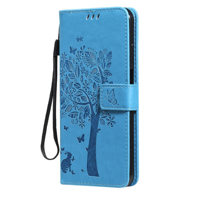 Para Nokia X10 Árbol y gato Patrón de impresión prensado Funda de cuero PU de la PU con soporte y ranuras para tarjetas y cordón (azul)