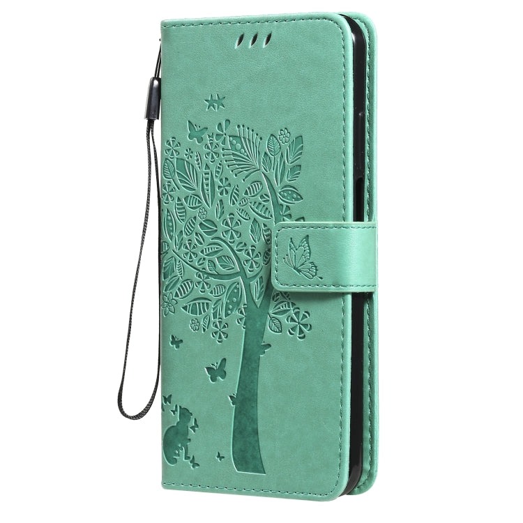 Para Nokia X10 Árbol y gato Patrón de impresión prensada Funda de cuero PU de la PU con soporte y tragamonedas y billetera y cordón (verde)