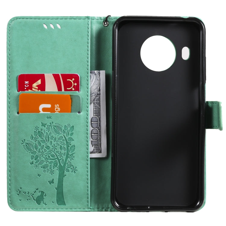 Para Nokia X10 Árbol y gato Patrón de impresión prensada Funda de cuero PU de la PU con soporte y tragamonedas y billetera y cordón (verde)