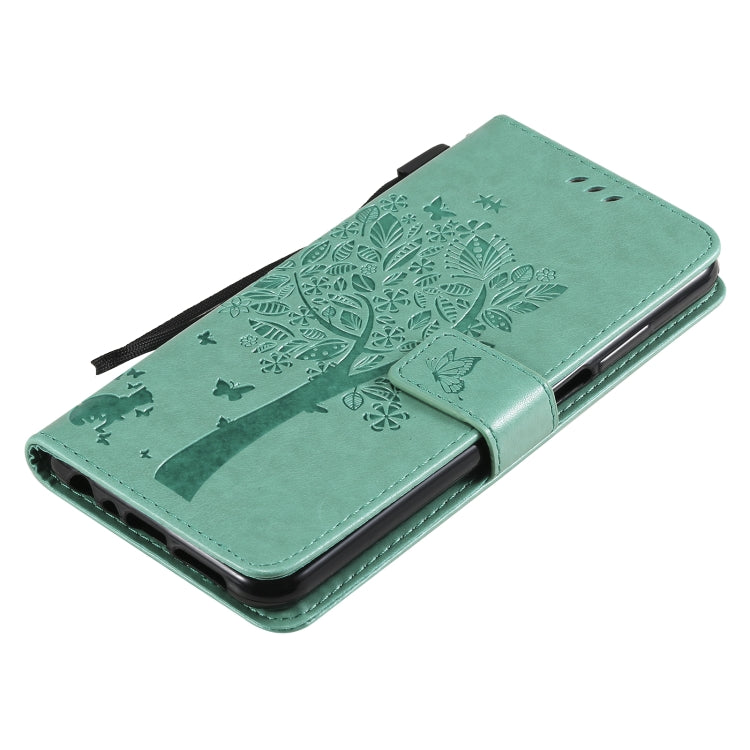 Para Nokia X10 Árbol y gato Patrón de impresión prensada Funda de cuero PU de la PU con soporte y tragamonedas y billetera y cordón (verde)