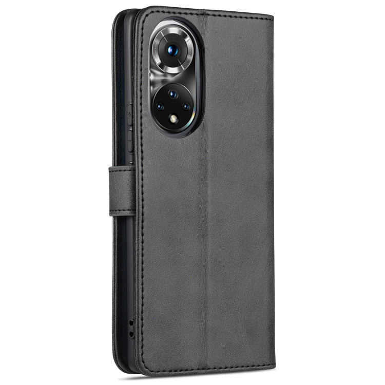 Para Honor 50 PRO AZNS Siente la piel de la piel de la carne de becerro Funda de cuero de la tapa horizontal con ranuras y soporte para tarjetas y billetera (Negro)