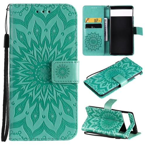 Para Google Pixel 6 Pro Sun Sun Pattern Horizontal Flip Funda de cuero con ranura para tarjeta y soporte y cartera y cordón (verde)