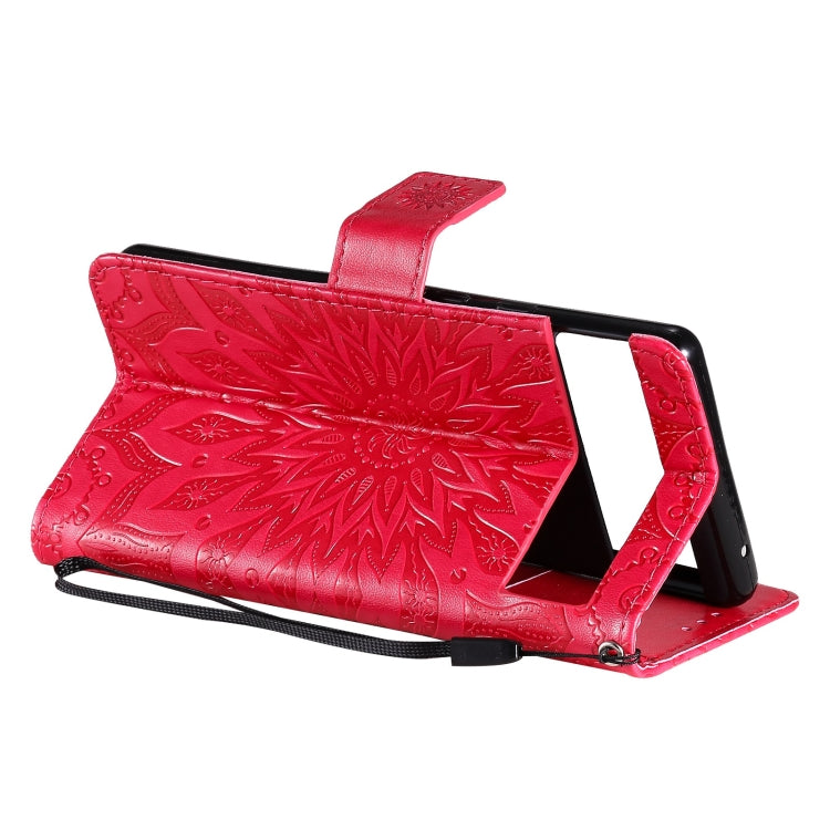 Para Google Pixel 6 Pro Sun Sun Pattern Horizontal Flip Funda de cuero con ranura para tarjeta y soporte y cartera y cordón (rojo)