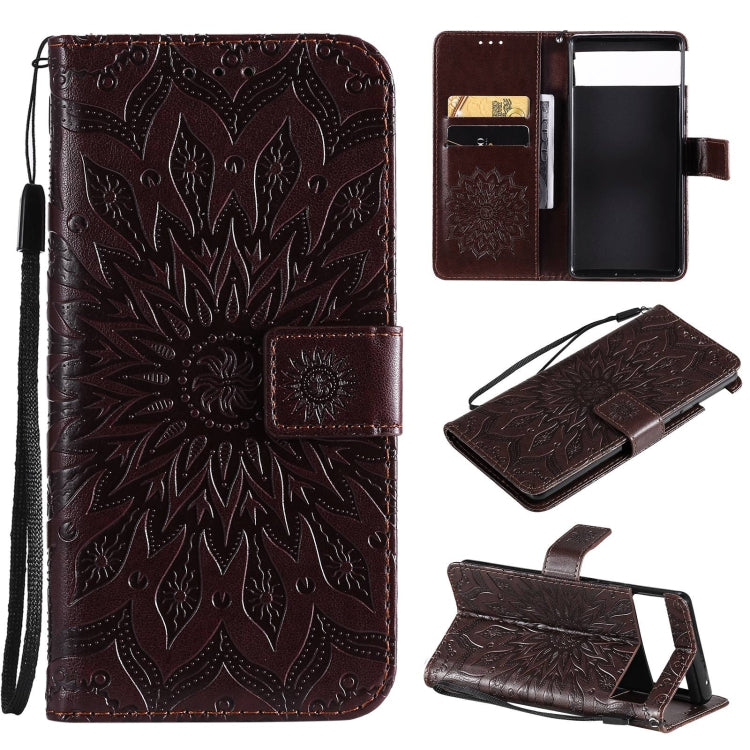 Para Google Pixel 6 Pro Sun Sun Pattern Horizontal Flip Funda de cuero con ranura para tarjeta y soporte y cartera y cordón (Marrón)