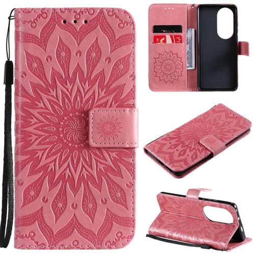 Para Huawei P50 Pro Sun Sun Pattern Horizontal Flip Funda de cuero con ranura para tarjeta y soporte y cartera y cordón (rosa)