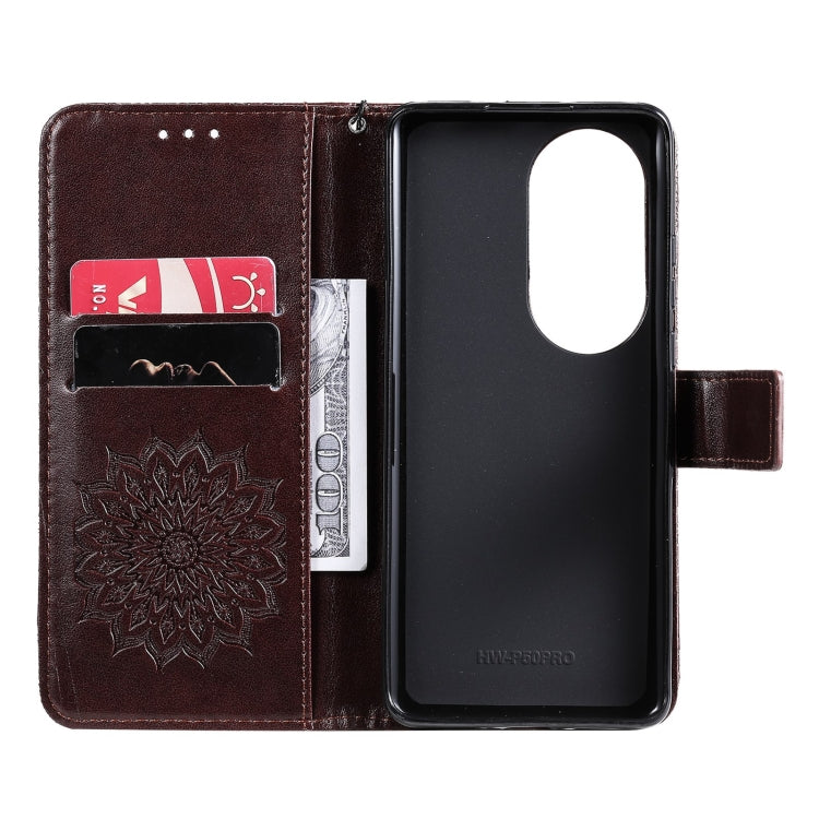 Para Huawei P50 Pro Sun Sun Pattern Horizontal Flip Funda de cuero con ranura para tarjeta y soporte y cartera y cordón (marrón)