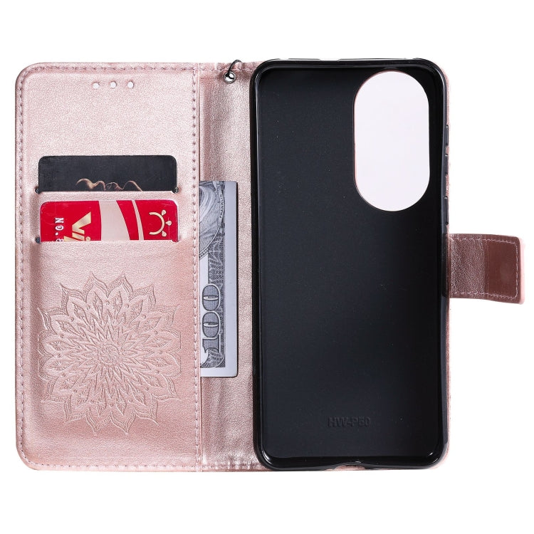 Para Huawei P50 Sun Pattern Horizontal Flip Funda de cuero con la ranura para la tarjeta y el soporte y la cartera y el cordón (oro rosa)