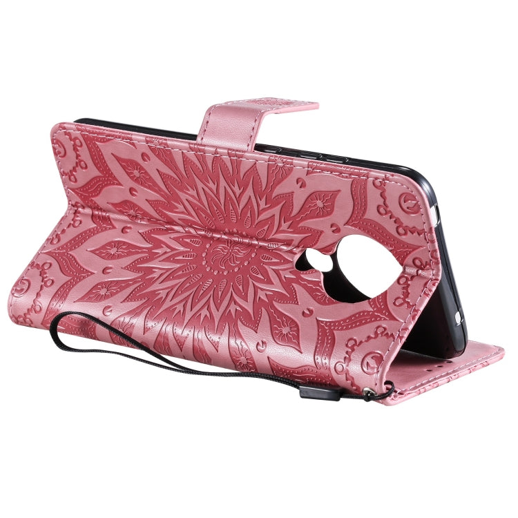 Para Nokia 5.3 Patrón de estampado en estampado de sol Horizontal Flip Funda con ranura para tarjeta y soporte y cartera y cordón (rosa)