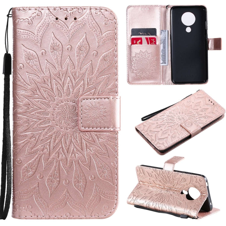 Para Nokia 5.3 Patrón de estampado en estampado de sol Horizontal Flip Funda con ranura para tarjeta y soporte y cartera y cordón (oro rosa)