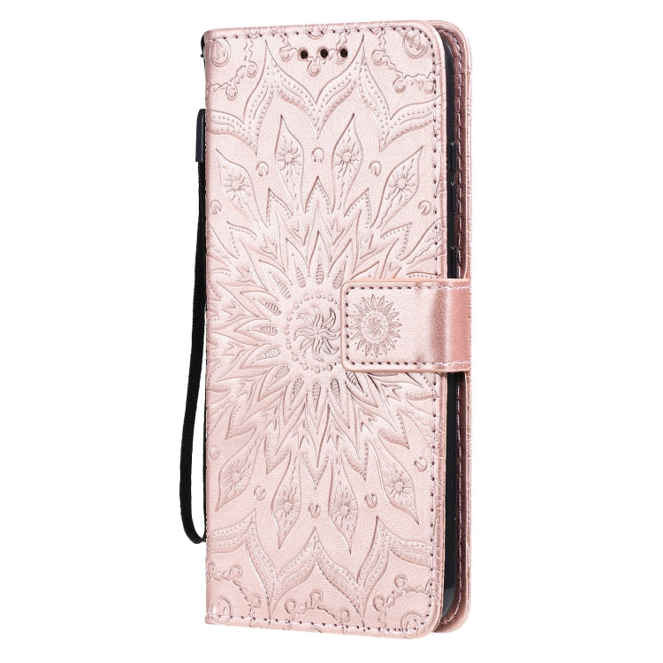 Para Nokia 5.3 Patrón de estampado en estampado de sol Horizontal Flip Funda con ranura para tarjeta y soporte y cartera y cordón (oro rosa)