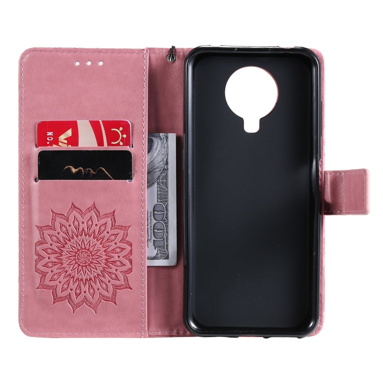 Para Nokia 6.3 / G20 / G10 Sun Pattern Funda de cuero Horizontal Flip Funda con ranura para tarjeta y soporte y billetera y cordón (rosa)