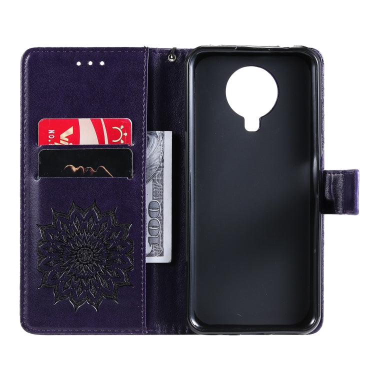Para Nokia 6.3 / G20 / G10 Patrón de estampado en relieve Horizontal Flip Funda de cuero con ranura para tarjeta y soporte y billetera y cordón (púrpura)