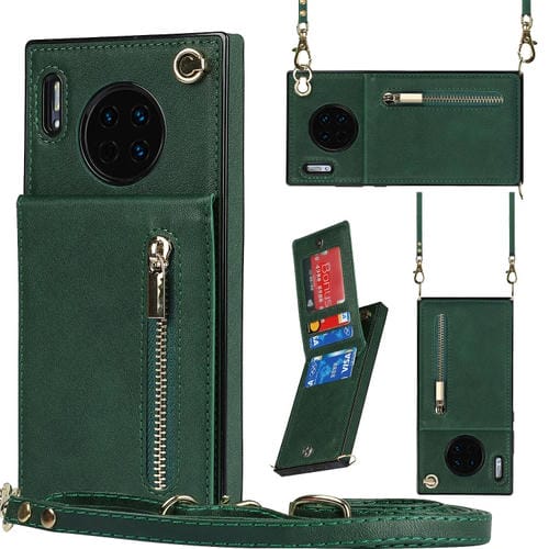 Para Huawei Mate 30 Pro Cross-Body Zipper Square TPU + PU Funda trasera con soporte y ranuras para tarjetas y correa (verde)