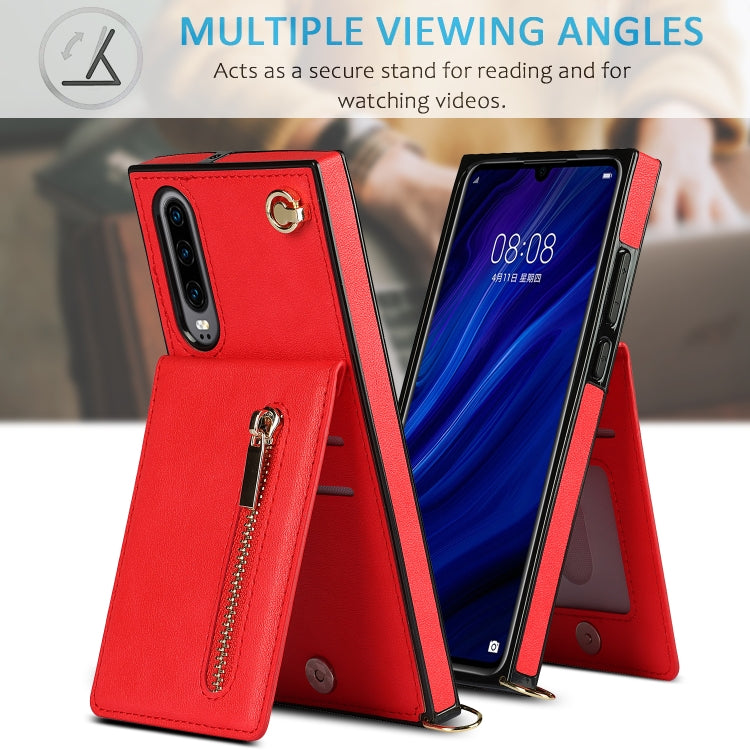 Para Huawei P30 Cross-Body Zipper Square TPU + PU Funda trasera con soporte y ranuras para tarjetas y correa (rojo)