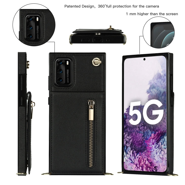 Para Huawei P40 Cross-Body Zipper Square TPU + PU Funda trasera con soporte y tragamonedas de tarjeta y billetera y correa (Negro)
