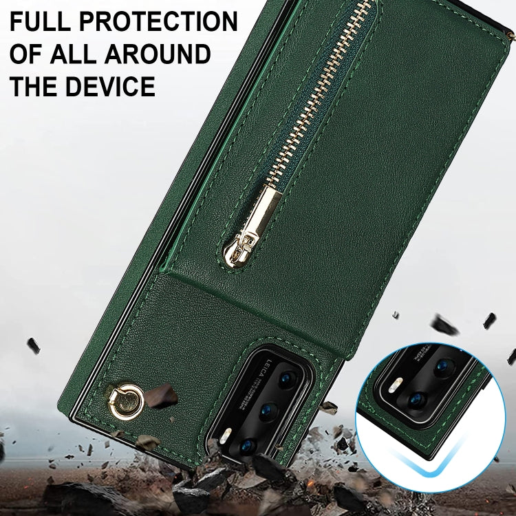 Para Huawei P40 Pro Cross-Body Zipper Square TPU + PU Funda trasera con soporte y ranuras para tarjeta y billetera y correa (verde)