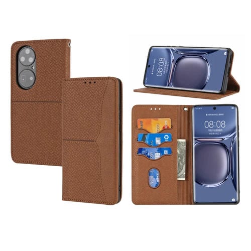 Para Huawei P50 Pro Textura Textura Magnética Horizontal Flip PU Funda de cuero con soporte y ranuras para tarjetas y cordón (marrón)