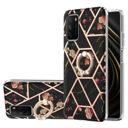 Para Xiaomi Poco M3 / Redmi Note 9 4G / REDMI 9 POWER / REDMI 9TELECTROPLATING Empalme Patrón de flores de mármol TPU Funda a prueba de golpes con soporte de anillo de diamantes de imitación (flor negra)
