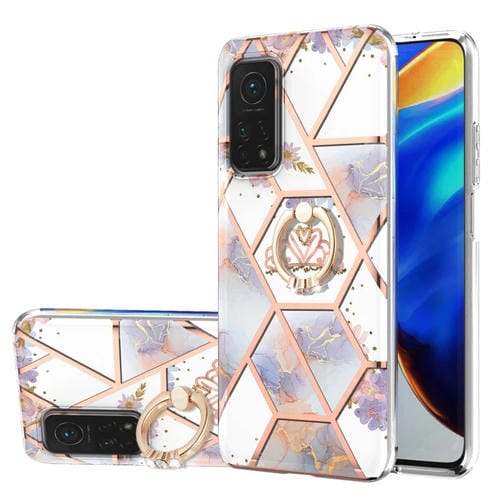 Para Xiaomi MI 10T / MI 10T PRO Empalme de electrochaplating Patrón de mármol TPU Funda a prueba de golpes con soporte de anillo de diamantes de imitación (corona imperial)
