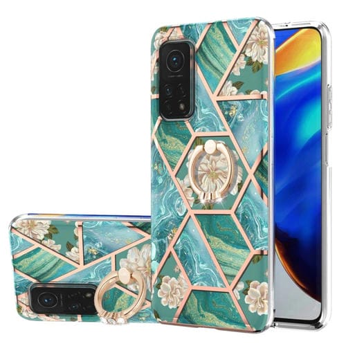 Para Xiaomi MI 10T / MI 10T PRO Empalme de electrochaplating Patrón de flores de mármol TPU Funda a prueba de golpes con soporte de anillo de diamantes de imitación (flor azul)